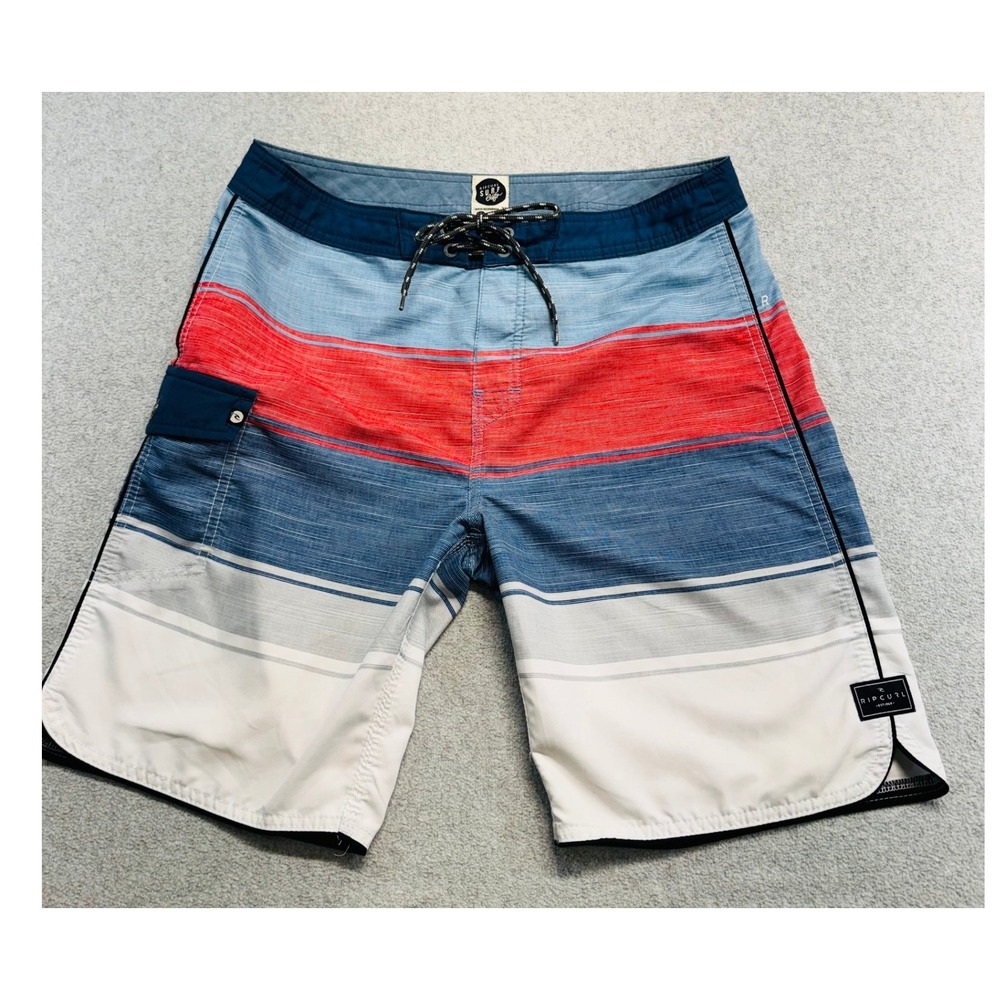 Rip Curl Surf Craft Board Shorts Mens 33 Blue Red Striped Swim Trunks Coastal